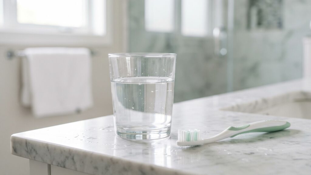 Bicchiere d'acqua e spazzolino per prevenire la secchezza della bocca in menopausa