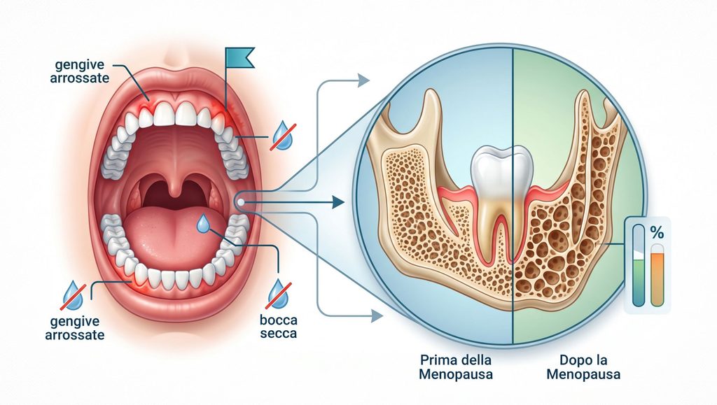 Infografica che confronta la salute di denti e gengive prima e dopo la menopausa, mostrando sintomi come bocca secca, gengive arrossate e perdita di densità ossea.