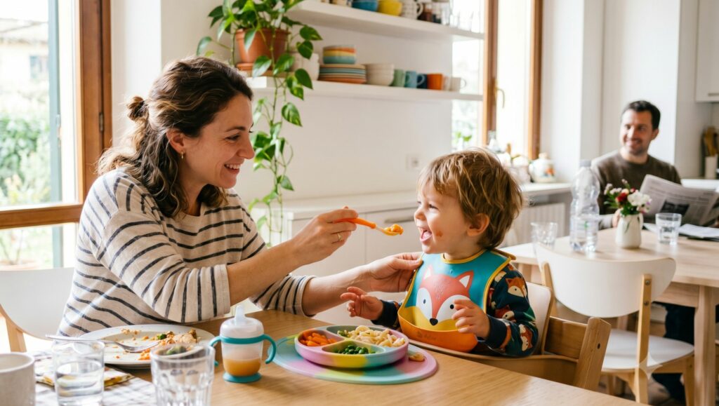 Bambino che impara a masticare cibi solidi