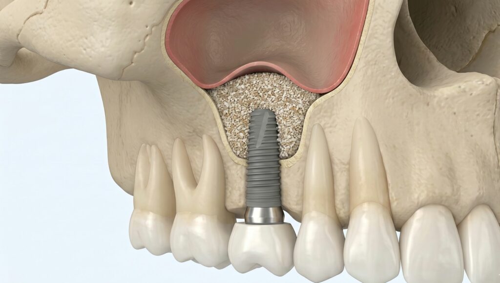 Impianto dentale inserito dopo intervento di mini rialzo del seno mascellare