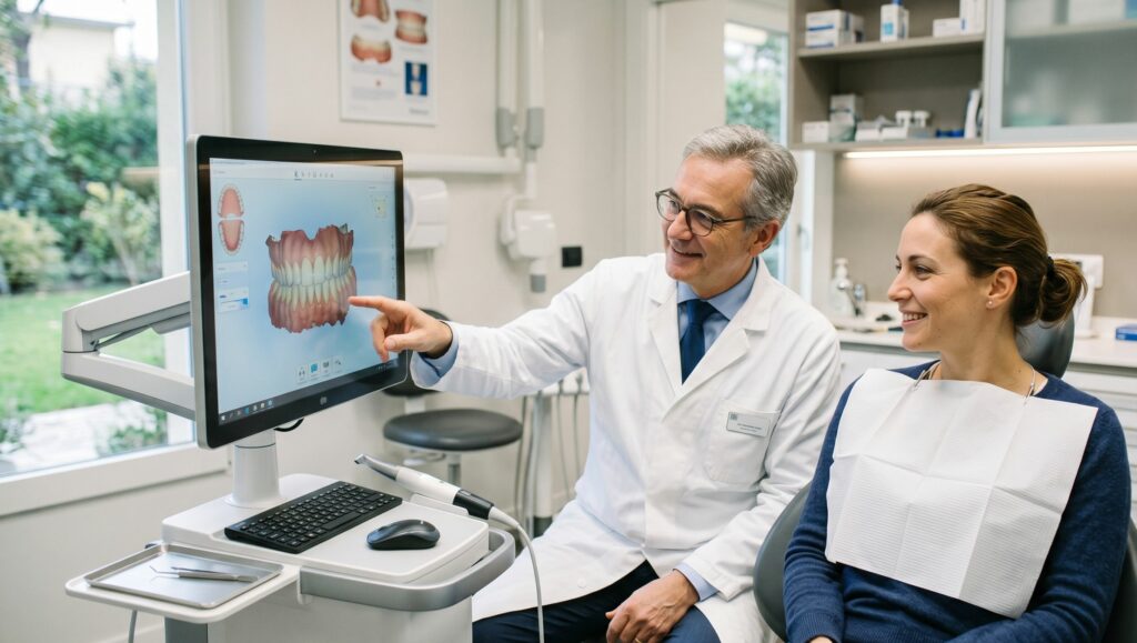  un medico e un paziente che discutono in modo sereno e rilassato guardando insieme i risultati sul monitor. 