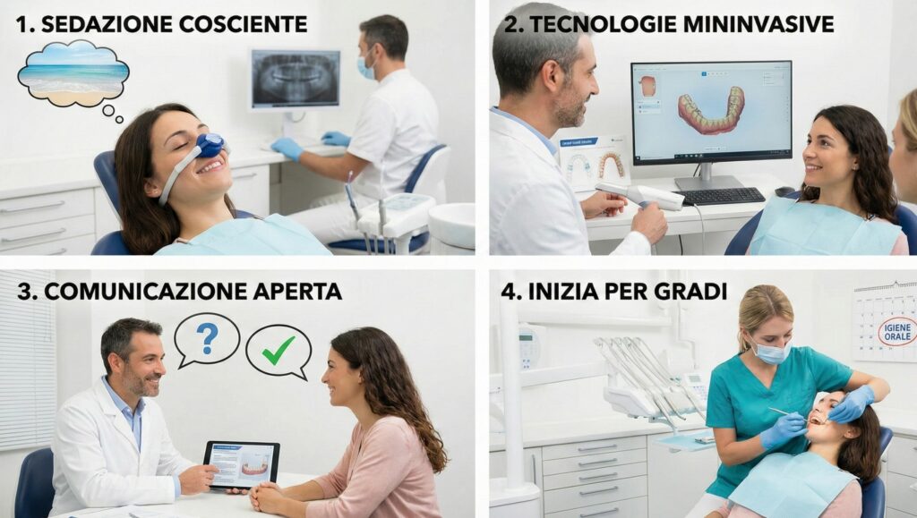 Infografica a 4 pannelli che illustra consigli pratici per superare la paura del dentista: 1. Paziente rilassata con sedazione cosciente che sogna una spiaggia; 2. Dentista che mostra tecnologie digitali mininvasive su monitor; 3. Colloquio rassicurante tra medico e paziente; 4. Seduta di igiene orale come approccio graduale.