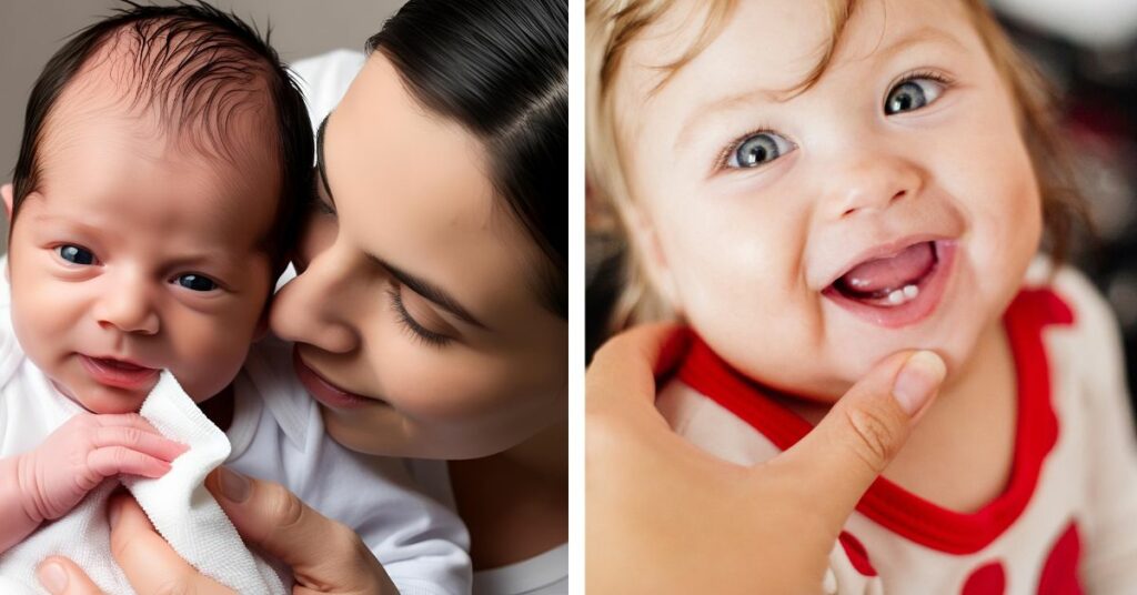 mamma che pulisce le gengive di un neonato