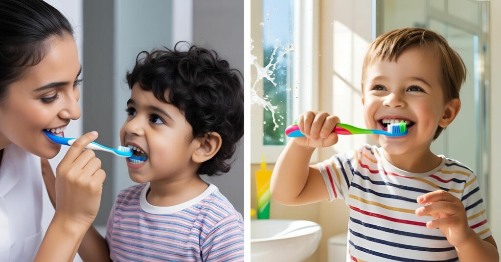 mamma che pulisce i denti al suo bambino
