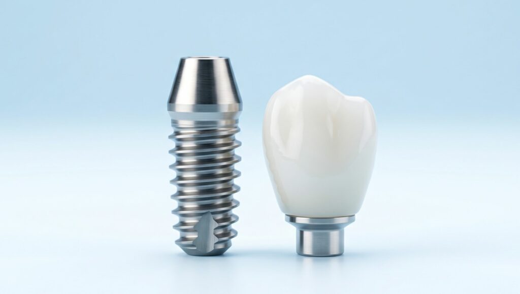 Vite in titanio e corona bianca in ceramica di un impianto dentale