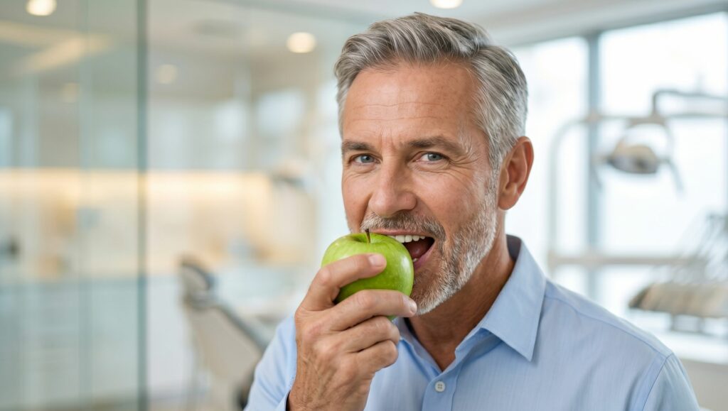 Persona che mangia una mela verde in modo sicuro grazie ai denti fissi