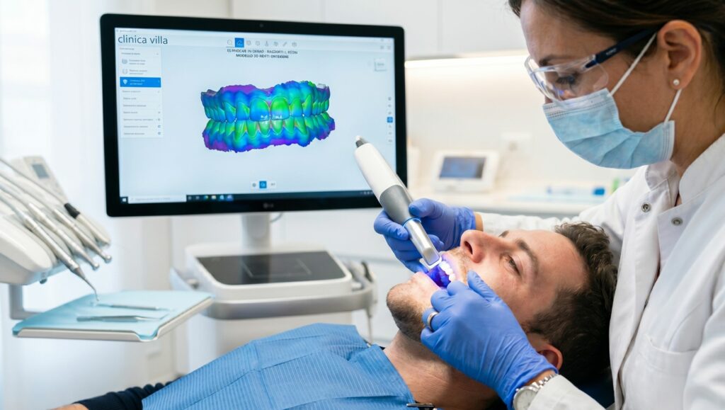 Utilizzo di scanner intraorale per la progettazione di faccette dentali su misura.