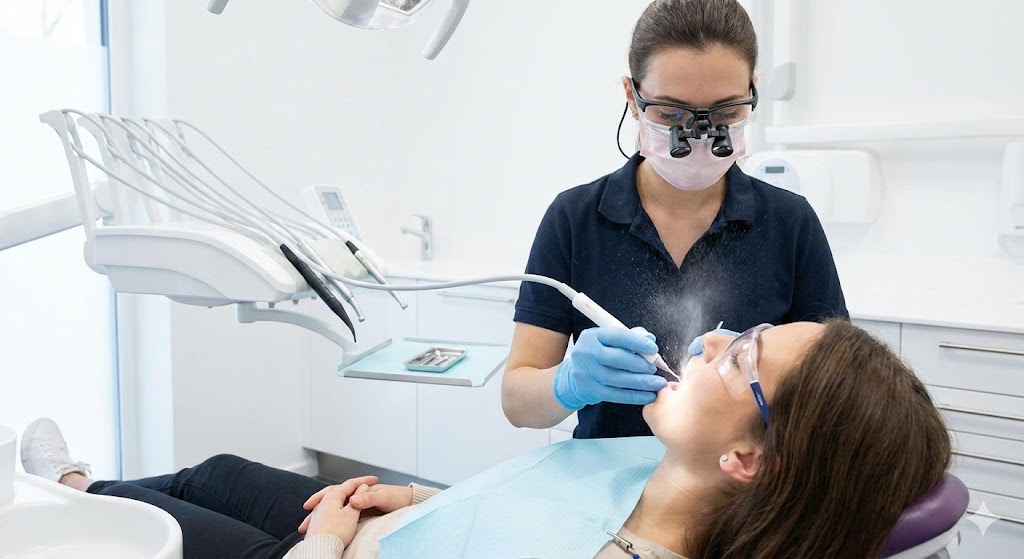 igienista dentale mentre esegue igiene professionale