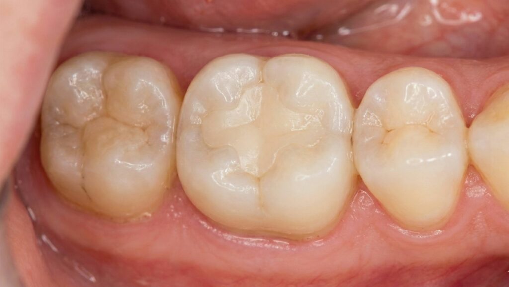 Risultato estetico finale dopo la sostituzione di una vecchia amalgama: il dente molare appare sano con una nuova otturazione bianca in materiale composito biocompatibile e gengive rosa