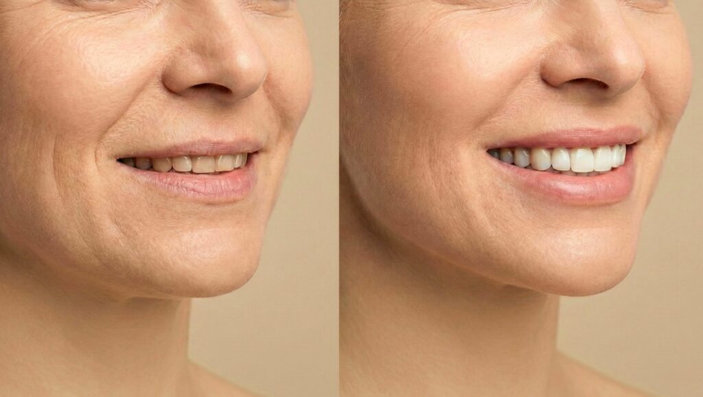ringiovanimento del viso prima e dopo il trattamento dentale