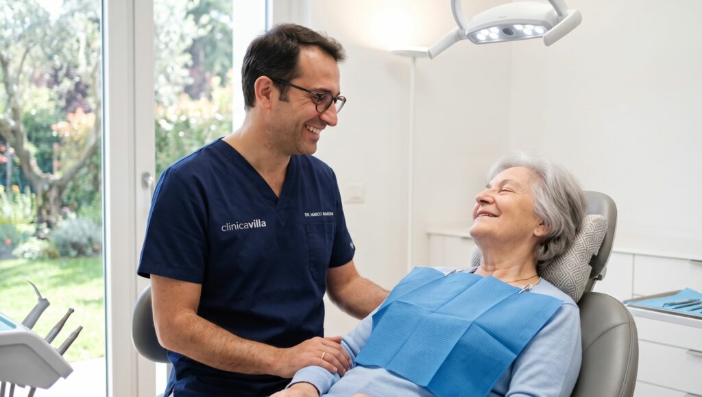 medico e paziente: Sorriso naturale e gengive sane ottenuti grazie all'implantologia senza gengiva artificiale