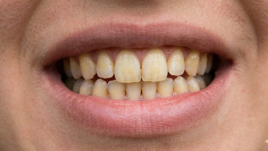Una vista ravvicinata dei denti con scolorimento giallastro e lieve allineamento irregolare.