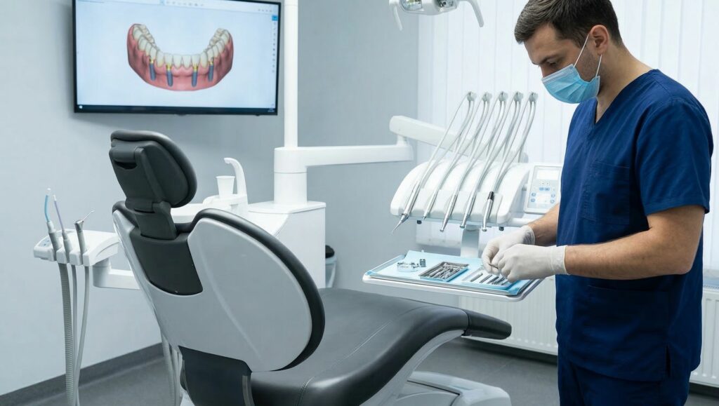 Un dentista specializzato prepara l'attrezzatura per un intervento di implantologia a carico immediato.