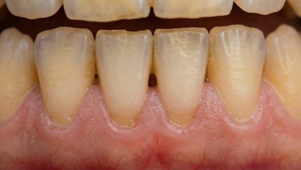 Tessuti gengivali con segni di recessione e radici esposte.