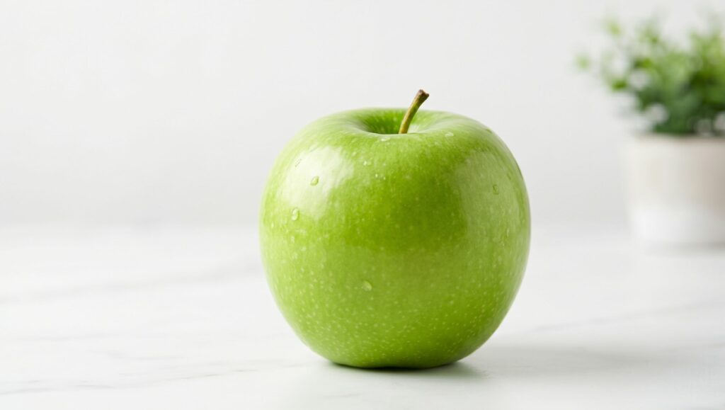 Mela verde fresca come simbolo di una dentatura forte e in salute