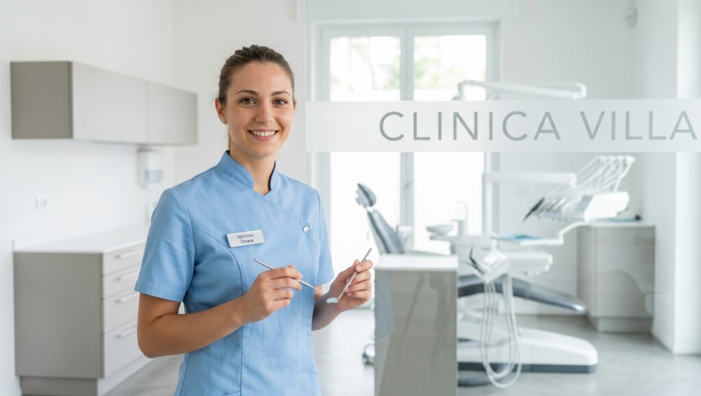 Igienista dentale professionista pronta per una seduta di pulizia