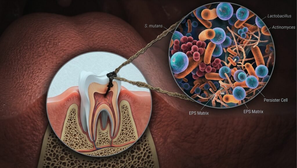 Diagramma di un dente con carie integrato in sezione di gengiva e osso. Ingrandimento microscopico dettagliato di biofilm cariogeno con batteri etichettati S. mutans e Lactobacillus, EPS Matrix e cellule persistister.