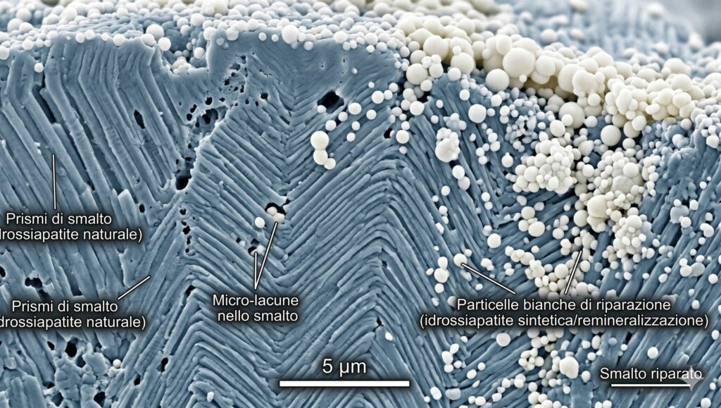 Struttura microscopica dello smalto dentale riparata da piccole particelle bianche