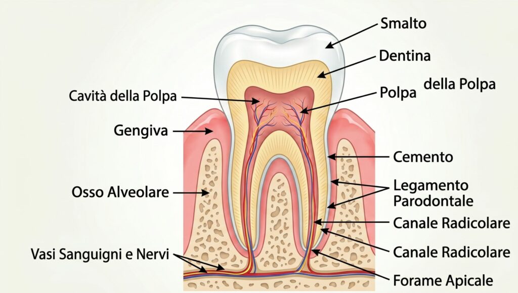 Struttura interna del dente con smalto e dentina.