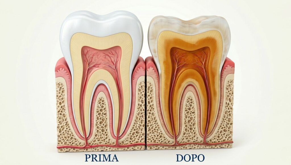 Illustrazione 3D di due denti in sezione a confronto: a sinistra la situazione prima, con uno smalto spesso e bianco; a destra la situazione dopo, con lo smalto visibilmente assottigliato e la dentina interna aumentata di spessore e più scura.