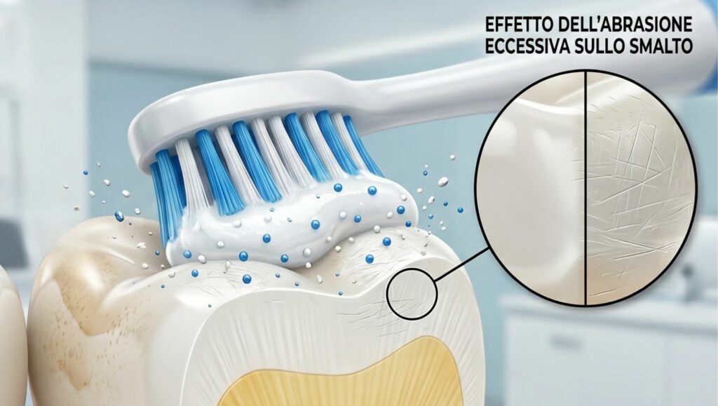 Dettaglio di un dente in sezione durante lo spazzolamento, affiancato da un riquadro circolare ingrandito che mostra in modo ravvicinato i micrograffi e i danni sullo smalto causati da un'eccessiva abrasione.