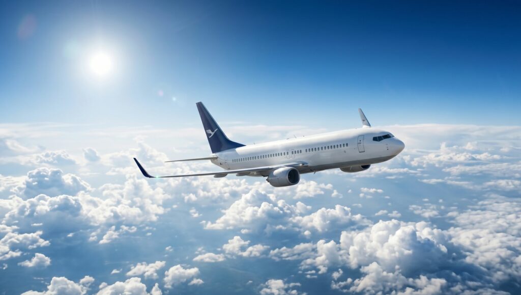 Aereo di linea in volo ad alta quota tra le nuvole nel cielo azzurro.