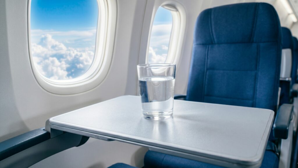 Bicchiere d'acqua sul tavolino di un aereo per idratarsi durante il viaggio.