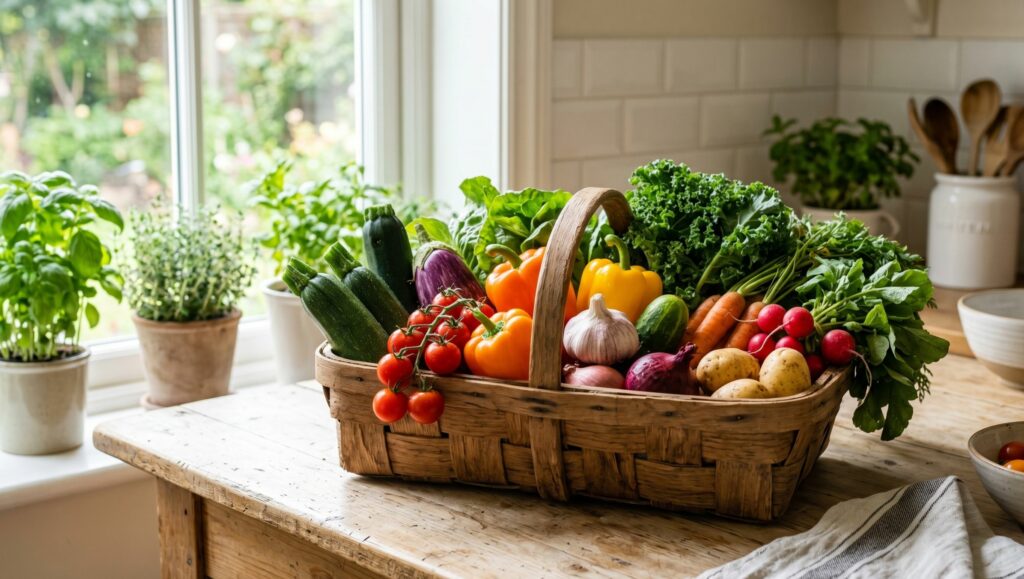 Un cesto di legno pieno di verdure fresche e colorate su un tavolo da cucina luminoso.
