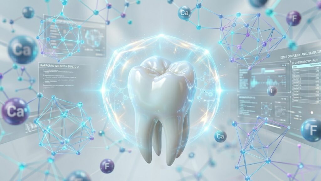 Dente sano e bianco circondato da uno scudo protettivo luminoso.