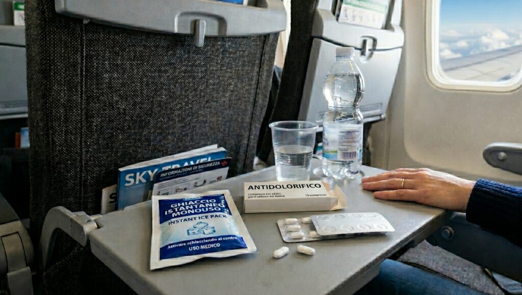 kit da viaggio sul tavolino dell'aereo con ghiaccio istantaneo e acqua