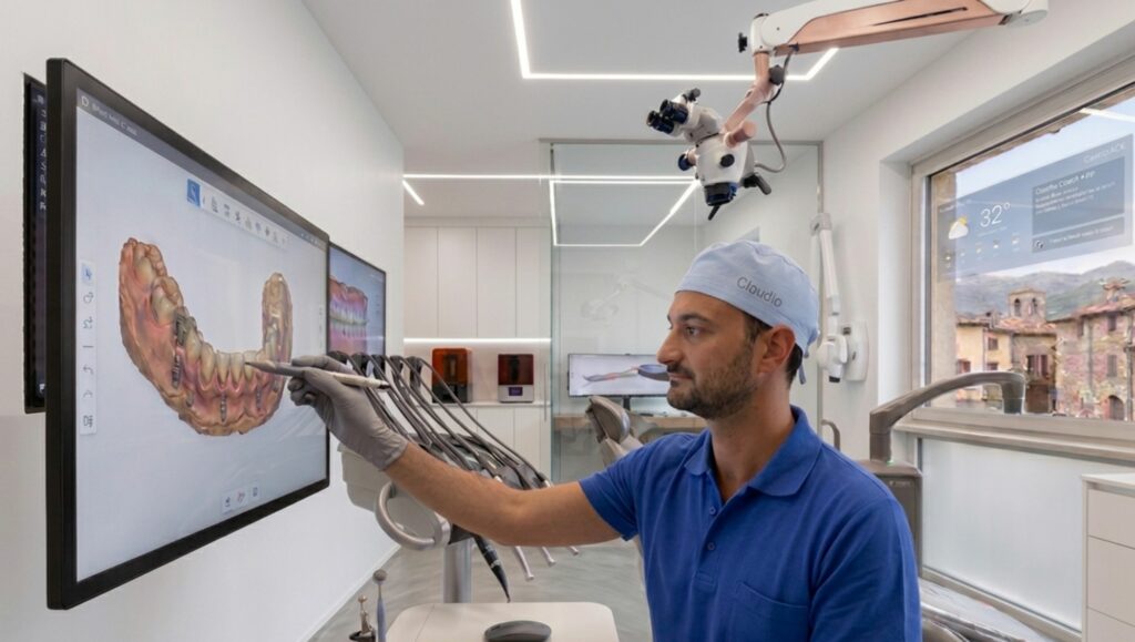  dentista che analizza un modello digitale 3D su uno schermo tecnologico