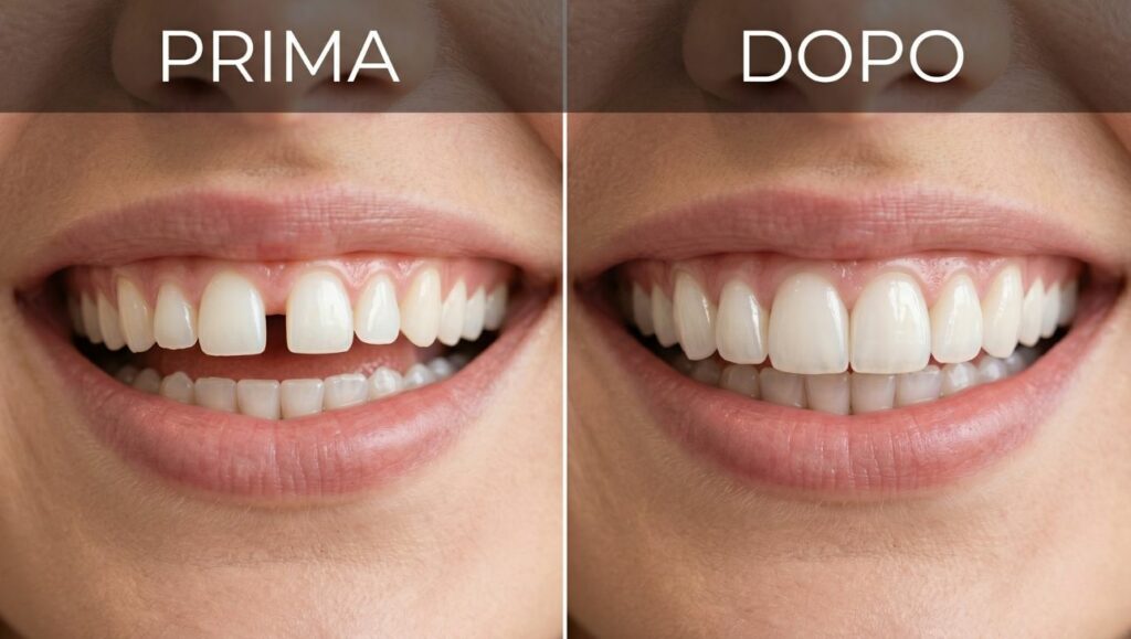 Lato Sinistro (PRIMA): Il diastema mediano visibile (spazio tra gli incisivi centrali superiori) esattamente come appare nell'immagine di copertina.

Lato Destro (DOPO): Gli stessi denti, ora uniti, allineati e più larghi grazie alle faccette in ceramica, con la gengiva sana e la chiusura completa del varco.