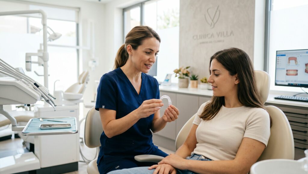 Dentista che spiega un piano di trattamento personalizzato a una paziente sorridente in una clinica moderna